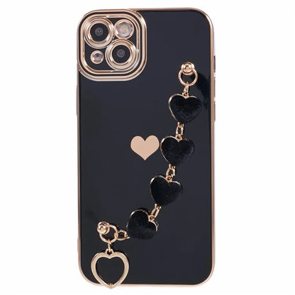 For iPhone 14 Case Electroplating Heart Pattern Soft TPU Phone Cover with Hand Strap