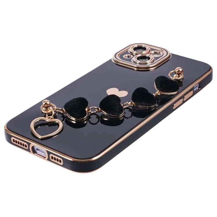 For iPhone 14 Case Electroplating Heart Pattern Soft TPU Phone Cover with Hand Strap