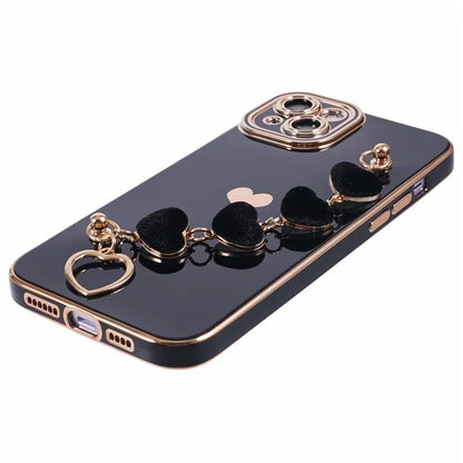 For iPhone 14 Case Electroplating Heart Pattern Soft TPU Phone Cover with Hand Strap