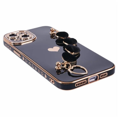 For iPhone 14 Case Electroplating Heart Pattern Soft TPU Phone Cover with Hand Strap