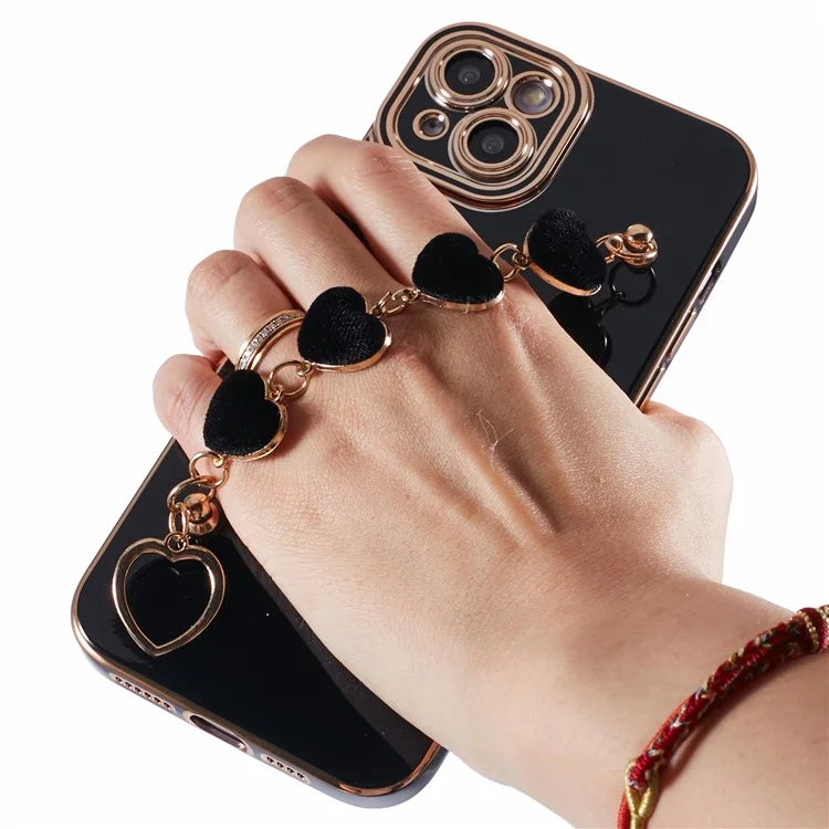 For iPhone 14 Case Electroplating Heart Pattern Soft TPU Phone Cover with Hand Strap