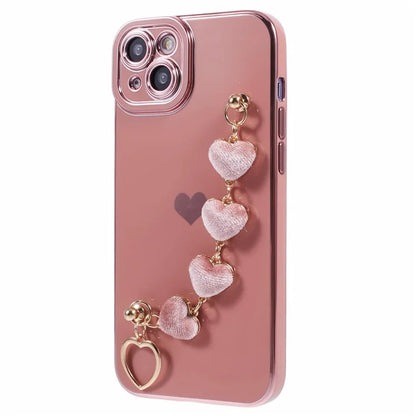 For iPhone 14 Case Electroplating Heart Pattern Soft TPU Phone Cover with Hand Strap