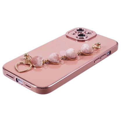 For iPhone 14 Case Electroplating Heart Pattern Soft TPU Phone Cover with Hand Strap