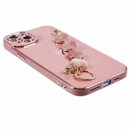 For iPhone 14 Case Electroplating Heart Pattern Soft TPU Phone Cover with Hand Strap