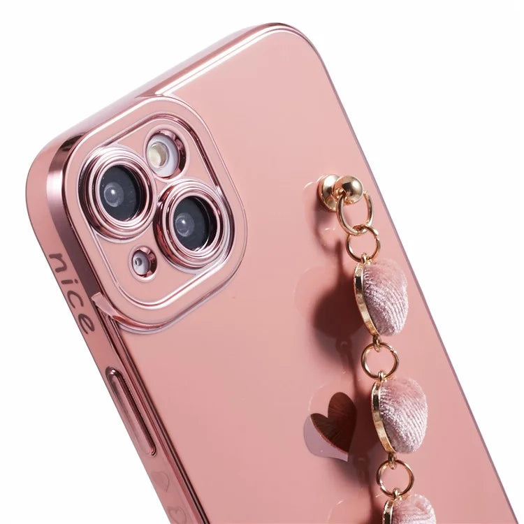 For iPhone 14 Case Electroplating Heart Pattern Soft TPU Phone Cover with Hand Strap