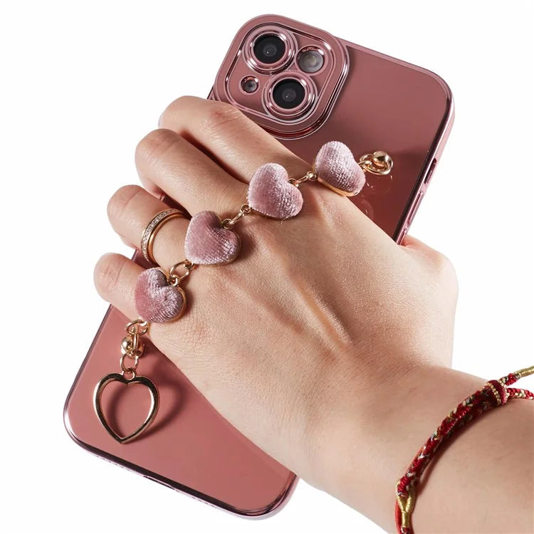 For iPhone 14 Case Electroplating Heart Pattern Soft TPU Phone Cover with Hand Strap