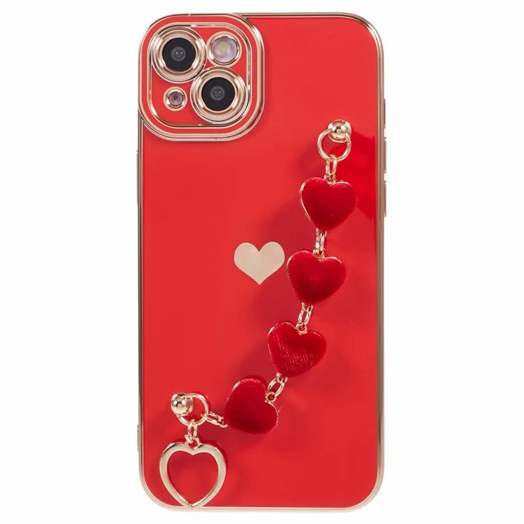 For iPhone 14 Case Electroplating Heart Pattern Soft TPU Phone Cover with Hand Strap
