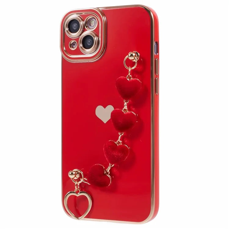For iPhone 14 Case Electroplating Heart Pattern Soft TPU Phone Cover with Hand Strap