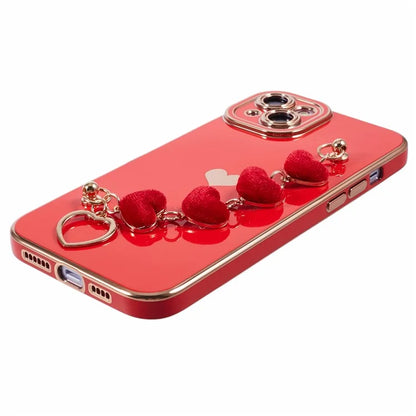 For iPhone 14 Case Electroplating Heart Pattern Soft TPU Phone Cover with Hand Strap
