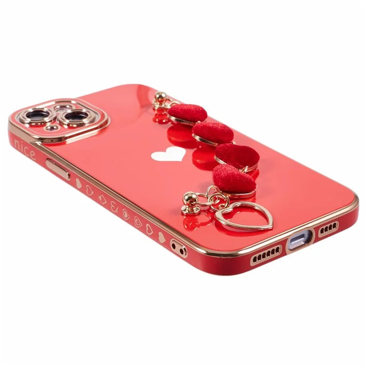 For iPhone 14 Case Electroplating Heart Pattern Soft TPU Phone Cover with Hand Strap