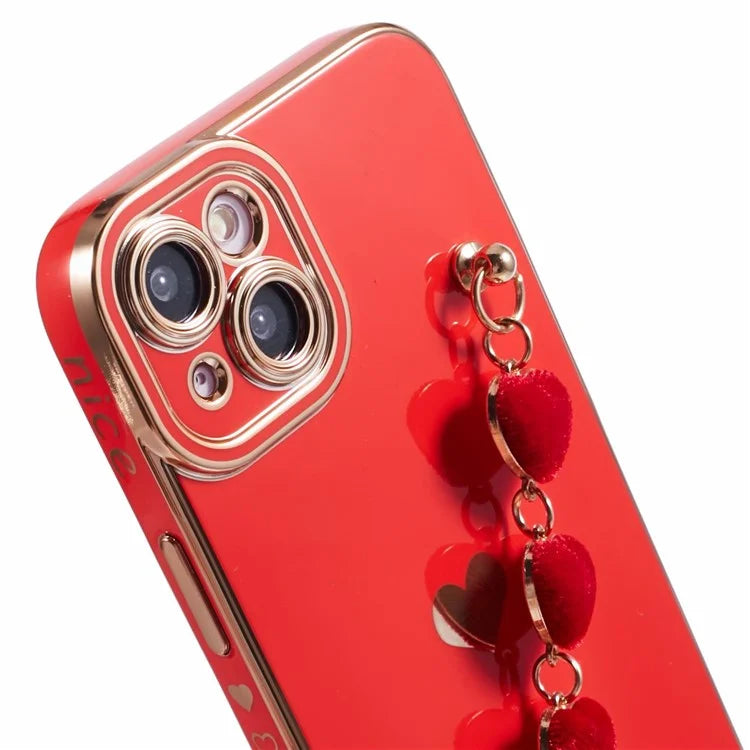 For iPhone 14 Case Electroplating Heart Pattern Soft TPU Phone Cover with Hand Strap