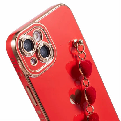 For iPhone 14 Case Electroplating Heart Pattern Soft TPU Phone Cover with Hand Strap
