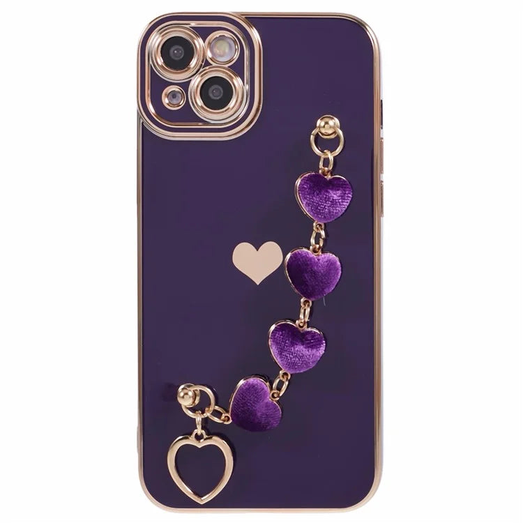 For iPhone 14 Case Electroplating Heart Pattern Soft TPU Phone Cover with Hand Strap