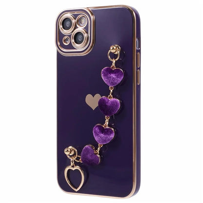 For iPhone 14 Case Electroplating Heart Pattern Soft TPU Phone Cover with Hand Strap