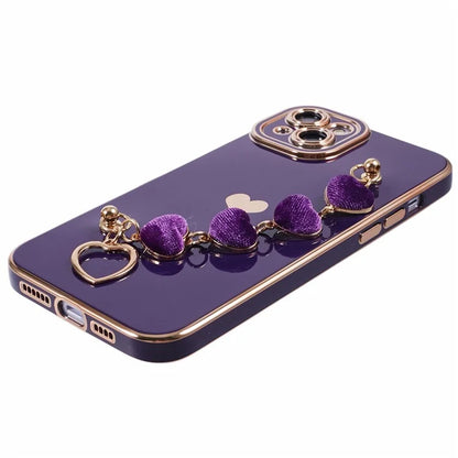 For iPhone 14 Case Electroplating Heart Pattern Soft TPU Phone Cover with Hand Strap