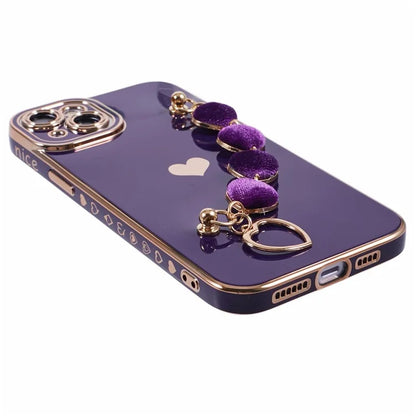 For iPhone 14 Case Electroplating Heart Pattern Soft TPU Phone Cover with Hand Strap