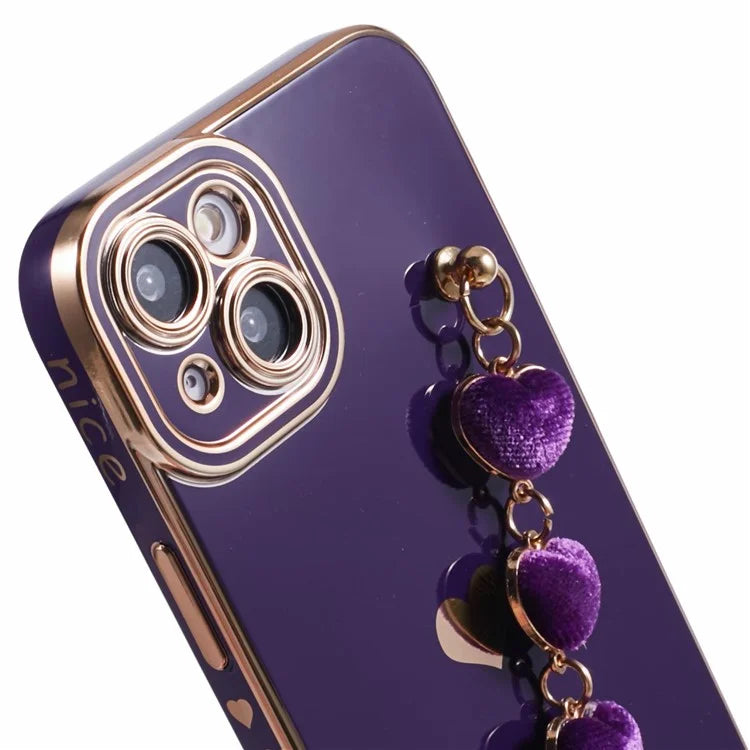 For iPhone 14 Case Electroplating Heart Pattern Soft TPU Phone Cover with Hand Strap