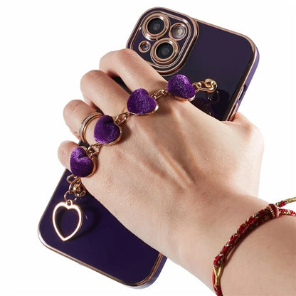 For iPhone 14 Case Electroplating Heart Pattern Soft TPU Phone Cover with Hand Strap