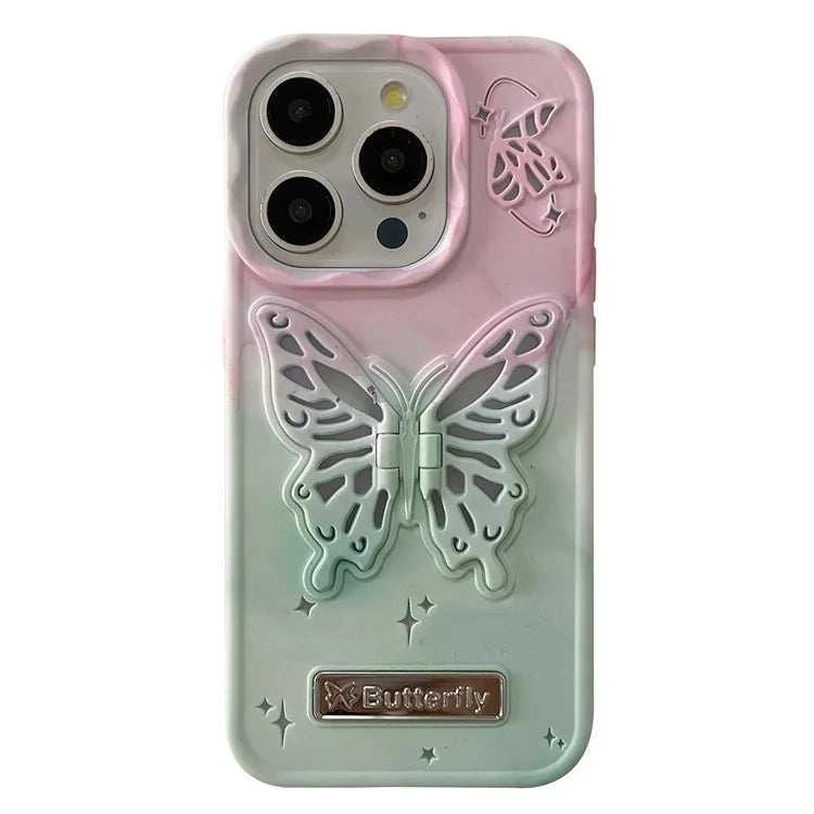 For iPhone 14 Pro Max Case Dual Color Butterfly Shape Kickstand TPU Phone Cover