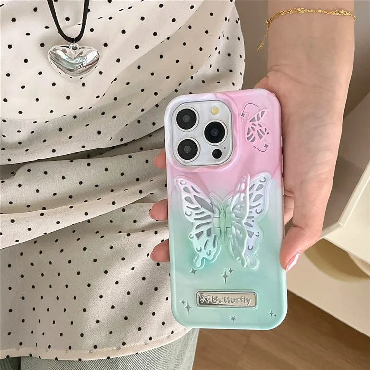 For iPhone 14 Pro Max Case Dual Color Butterfly Shape Kickstand TPU Phone Cover