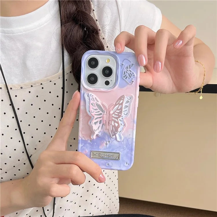 For iPhone 14 Pro Max Case Dual Color Butterfly Shape Kickstand TPU Phone Cover