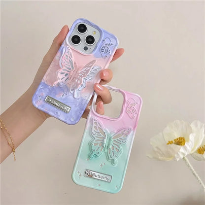 For iPhone 14 Pro Max Case Dual Color Butterfly Shape Kickstand TPU Phone Cover