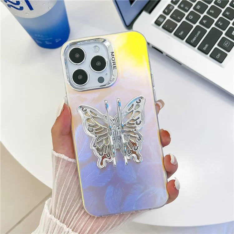 For iPhone 15 Pro Max Phone Case IMD Electroplating PC+TPU Cover with Butterfly Kickstand