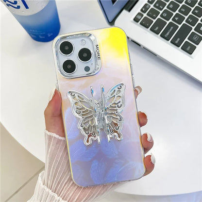For iPhone 15 Pro Max Phone Case IMD Electroplating PC+TPU Cover with Butterfly Kickstand
