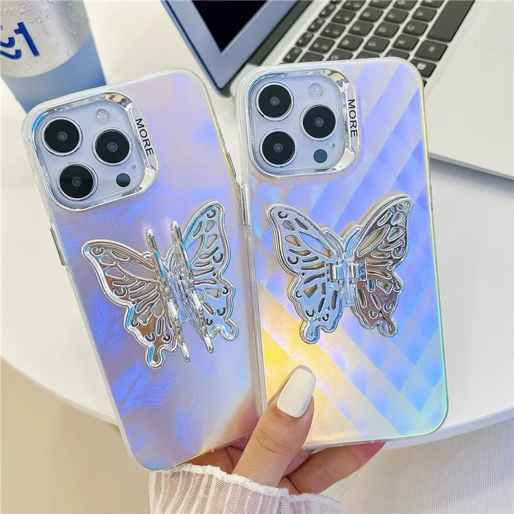 For iPhone 15 Pro Max Phone Case IMD Electroplating PC+TPU Cover with Butterfly Kickstand