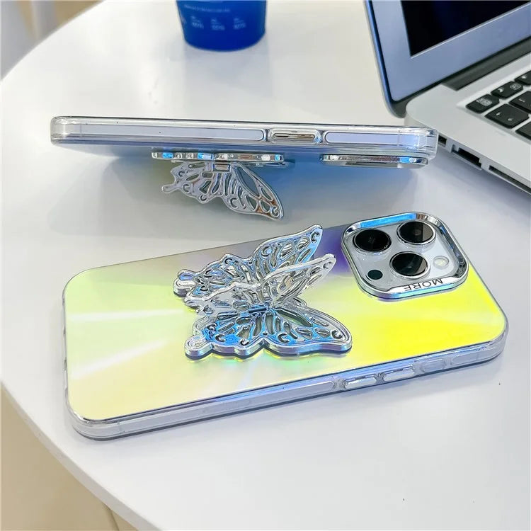 For iPhone 15 Pro Max Phone Case IMD Electroplating PC+TPU Cover with Butterfly Kickstand