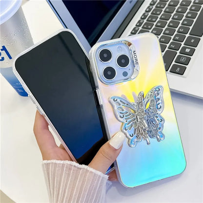 For iPhone 15 Pro Max Phone Case IMD Electroplating PC+TPU Cover with Butterfly Kickstand