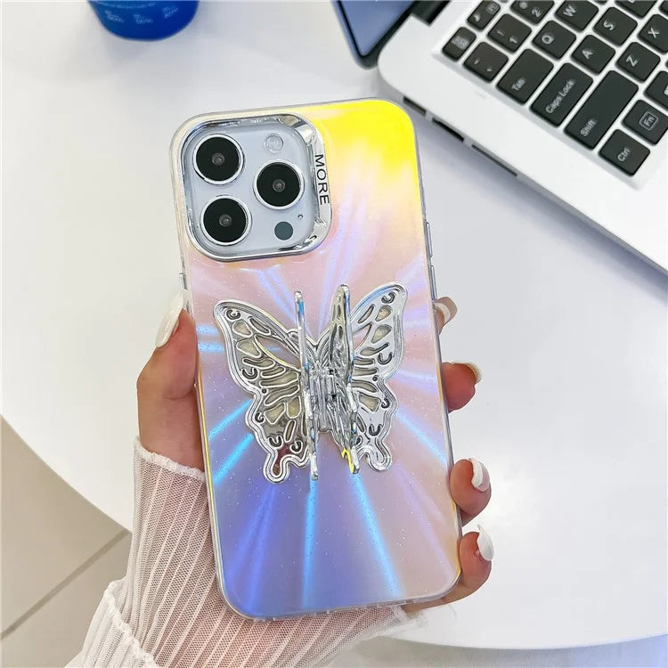 For iPhone 15 Pro Max Phone Case IMD Electroplating PC+TPU Cover with Butterfly Kickstand