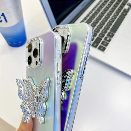 For iPhone 15 Pro Max Phone Case IMD Electroplating PC+TPU Cover with Butterfly Kickstand