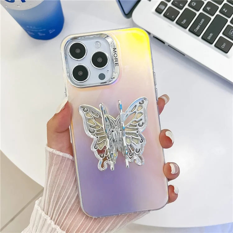 For iPhone 15 Pro Max Phone Case IMD Electroplating PC+TPU Cover with Butterfly Kickstand