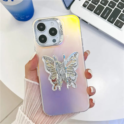 For iPhone 15 Pro Max Phone Case IMD Electroplating PC+TPU Cover with Butterfly Kickstand