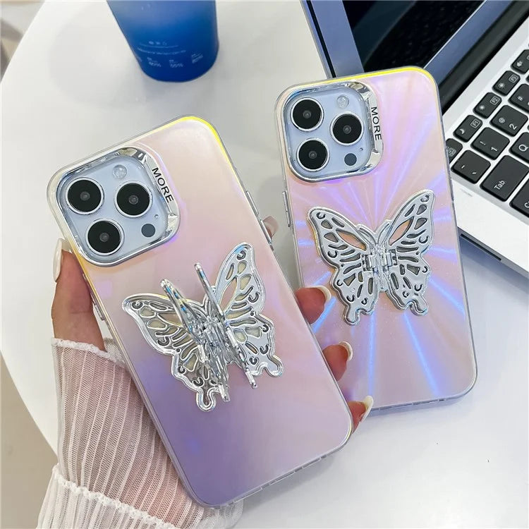 For iPhone 15 Pro Max Phone Case IMD Electroplating PC+TPU Cover with Butterfly Kickstand