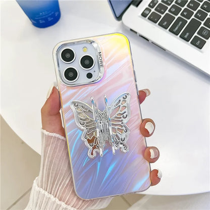 For iPhone 15 Pro Max Phone Case IMD Electroplating PC+TPU Cover with Butterfly Kickstand