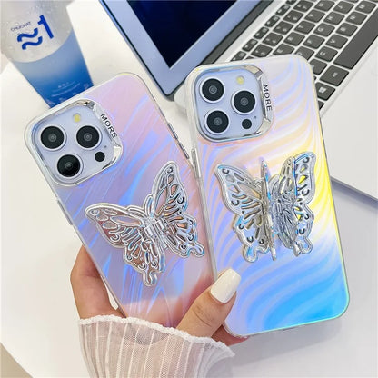 For iPhone 15 Pro Max Phone Case IMD Electroplating PC+TPU Cover with Butterfly Kickstand