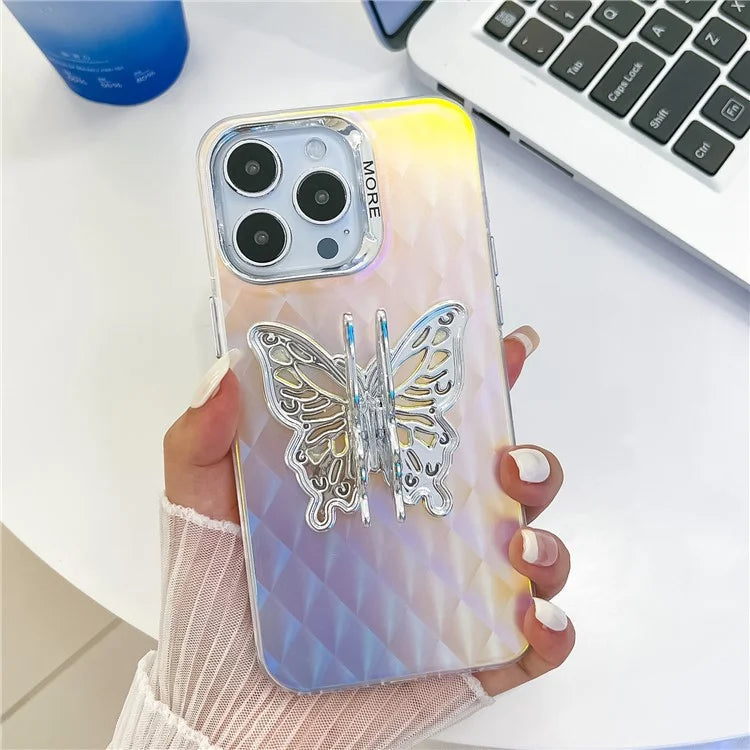 For iPhone 15 Pro Max Phone Case IMD Electroplating PC+TPU Cover with Butterfly Kickstand