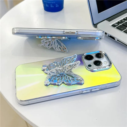 For iPhone 15 Pro Max Phone Case IMD Electroplating PC+TPU Cover with Butterfly Kickstand