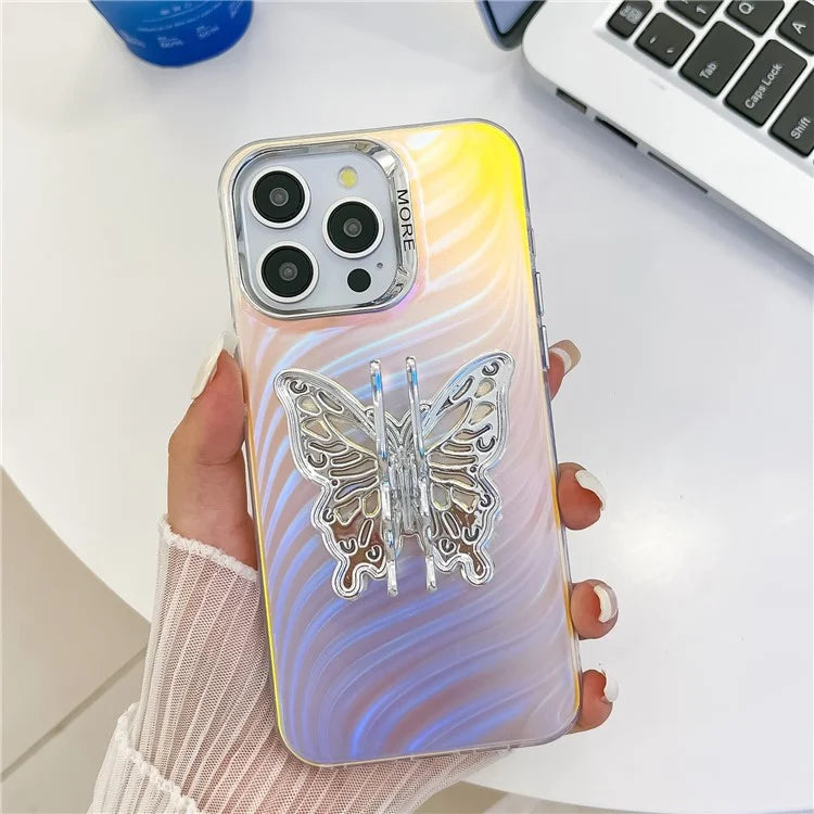 For iPhone 15 Pro Max Phone Case IMD Electroplating PC+TPU Cover with Butterfly Kickstand