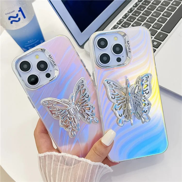 For iPhone 15 Pro Max Phone Case IMD Electroplating PC+TPU Cover with Butterfly Kickstand