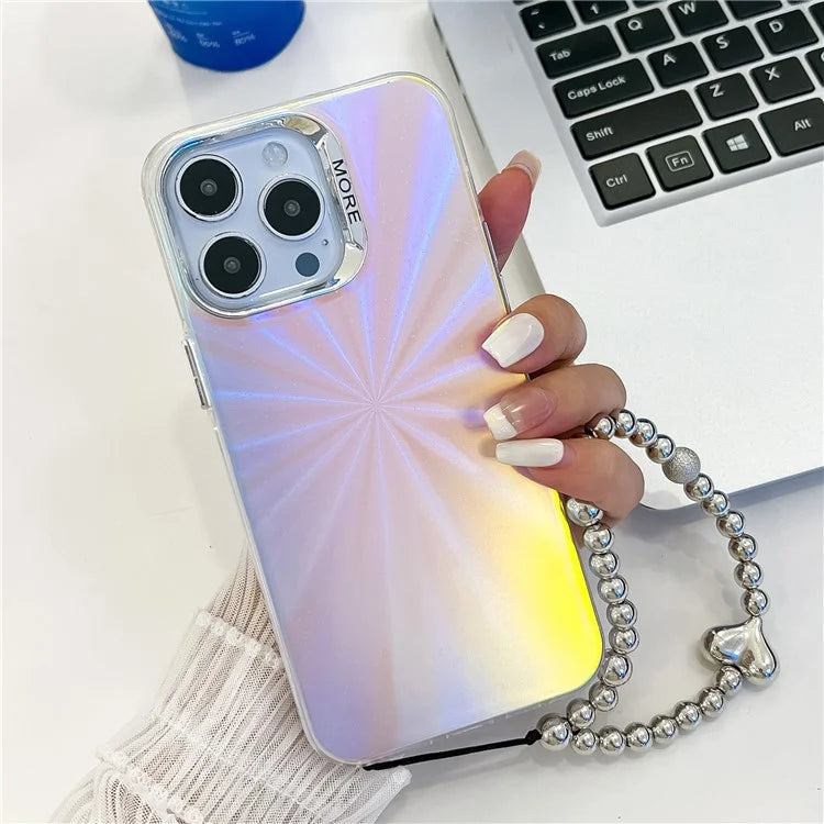 For iPhone 15 Pro Max Case PC+TPU IMD Laser Texture Matte Phone Cover with Beaded Bracelet