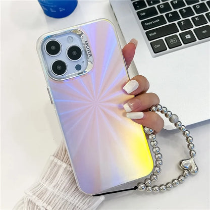 For iPhone 15 Pro Max Case PC+TPU IMD Laser Texture Matte Phone Cover with Beaded Bracelet