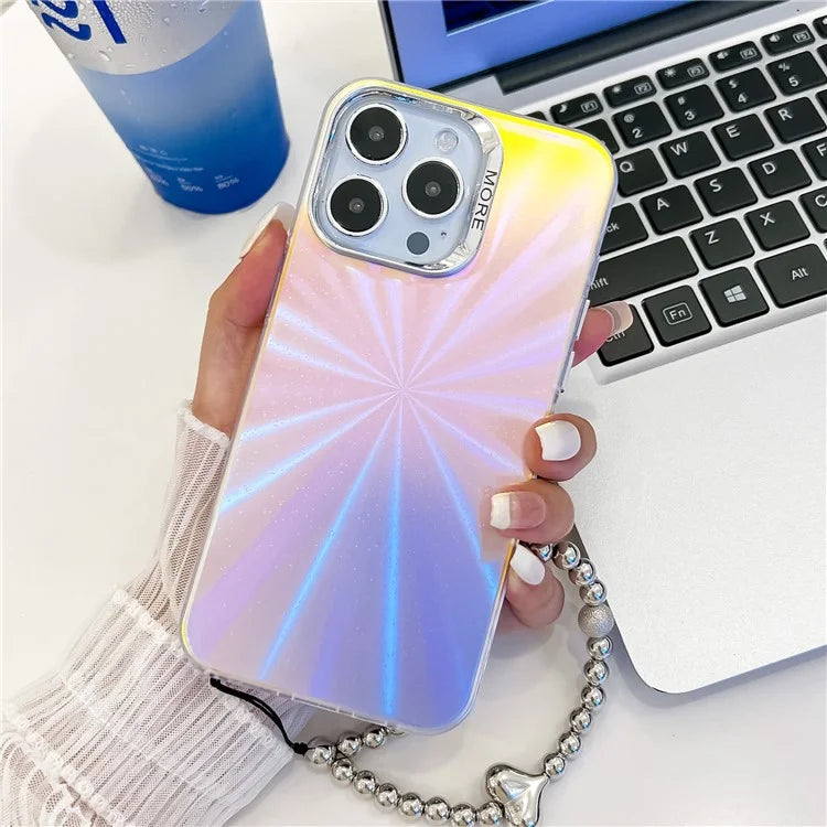 For iPhone 15 Pro Max Case PC+TPU IMD Laser Texture Matte Phone Cover with Beaded Bracelet