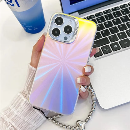 For iPhone 15 Pro Max Case PC+TPU IMD Laser Texture Matte Phone Cover with Beaded Bracelet
