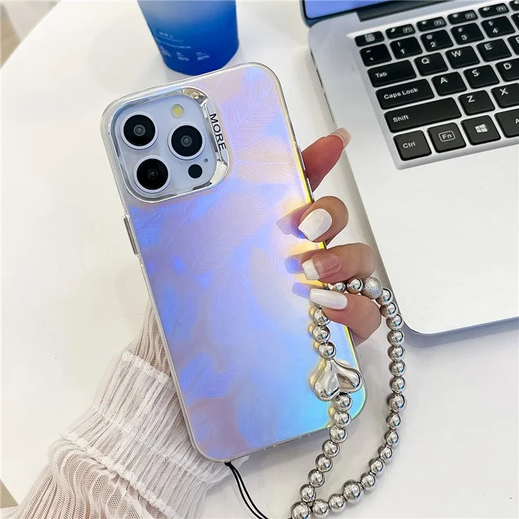 For iPhone 15 Pro Max Case PC+TPU IMD Laser Texture Matte Phone Cover with Beaded Bracelet