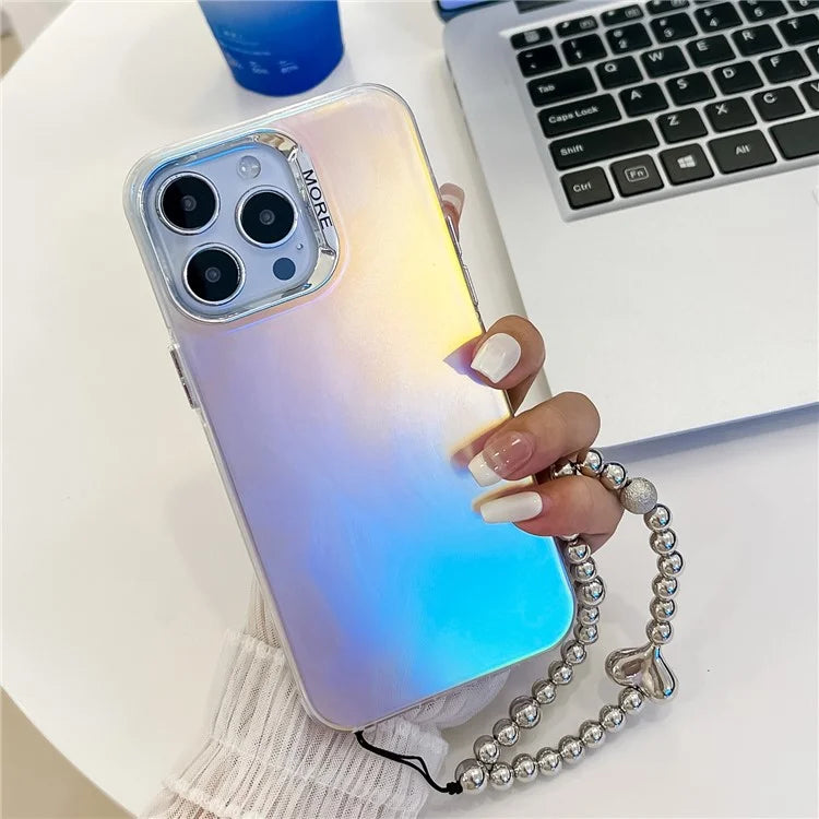 For iPhone 15 Pro Max Case PC+TPU IMD Laser Texture Matte Phone Cover with Beaded Bracelet
