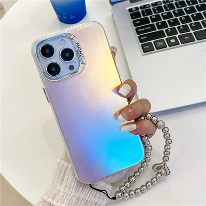 For iPhone 15 Pro Max Case PC+TPU IMD Laser Texture Matte Phone Cover with Beaded Bracelet