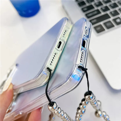 For iPhone 15 Pro Max Case PC+TPU IMD Laser Texture Matte Phone Cover with Beaded Bracelet